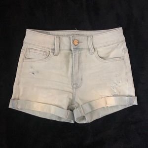 High waisted light wash jean shorts